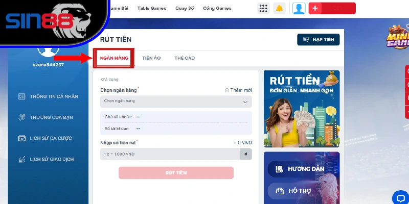 Nhập thông tin theo form để đi lệnh rút tiền SIN88