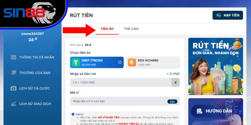 Rút tiền SIN88 qua USDT vừa nhanh vừa bảo mật